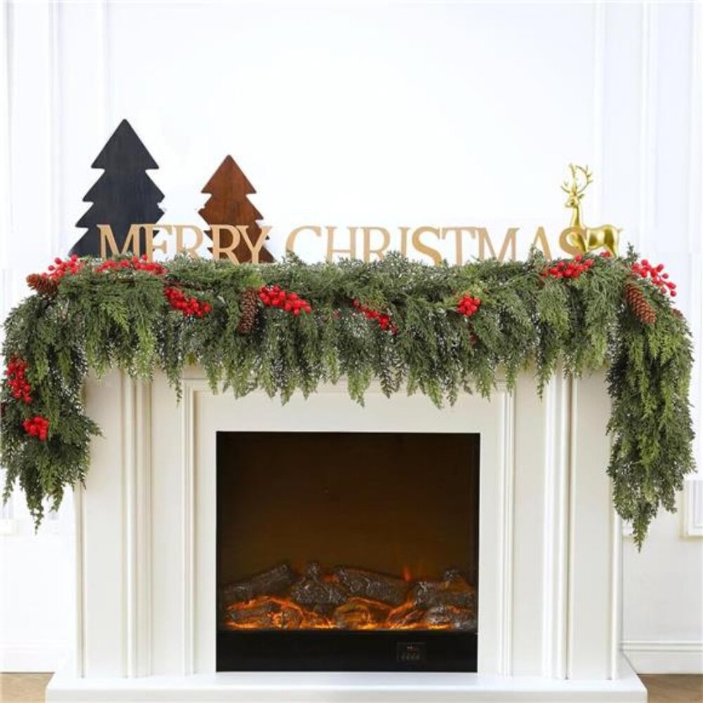 6ft Christmas Cedar Garland with Artificial Red Fruits and Pine Cones, Soft